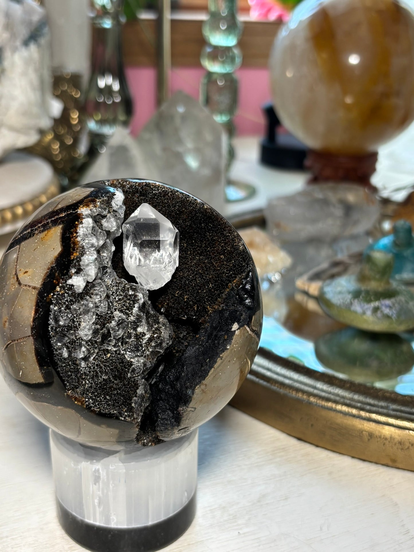 Septarian Druzy Sphere with Quartz point | Madagascar