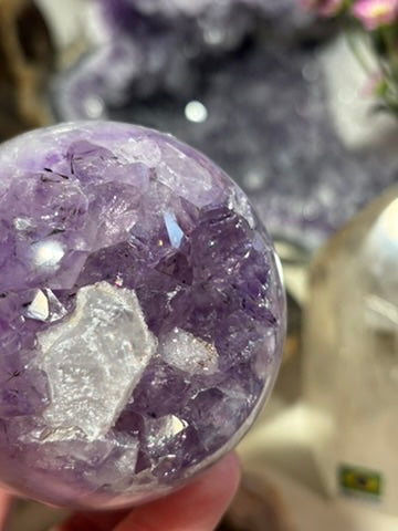 Amethyst Sphere with Banding and Sugar Druzy Calcite | Brazil